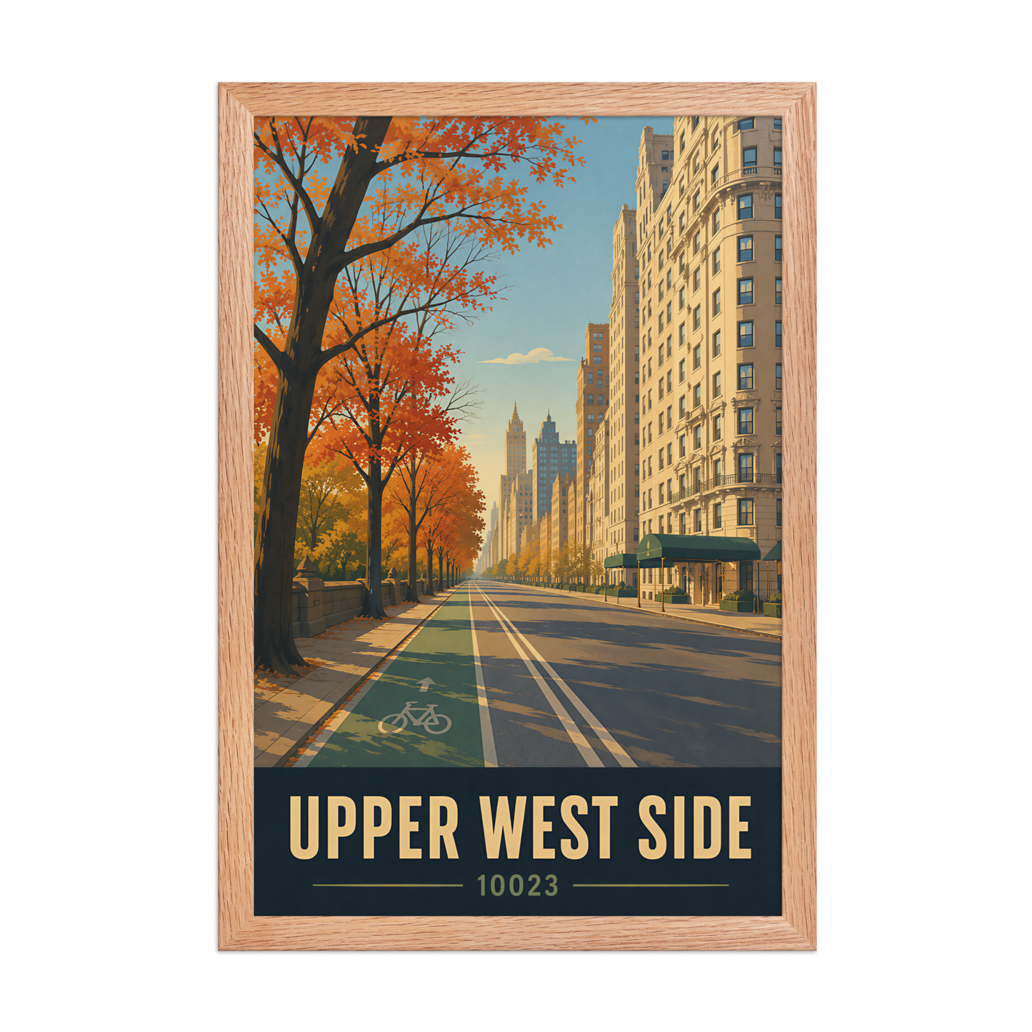 Framed Central Park West autumn poster with 10023 zip code