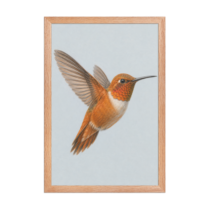 Framed Rufous hummingbird colored pencil illustration print on dusty blue pastel background, wood frame wall art