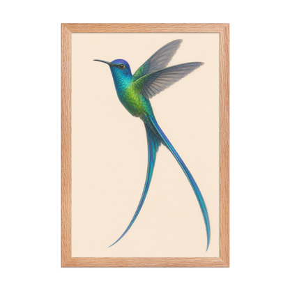 Framed Long-tailed Sylph hummingbird colored pencil illustration print, teal iridescent plumage on warm cream background, wood frame wall art