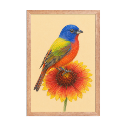 Framed Painted Bunting colored pencil illustration on Indian Blanket flower, wood frame wall art