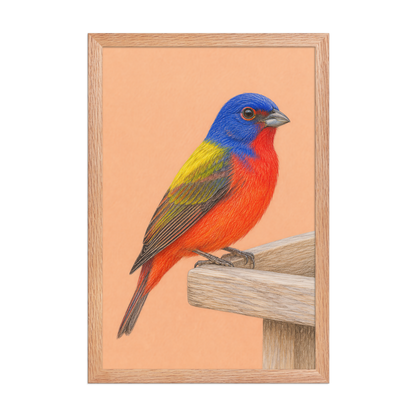 Framed Painted Bunting colored pencil illustration on wooden feeder, apricot background, wood frame wall art