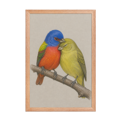 Framed male and female Painted Bunting pair colored pencil illustration, wood frame wall art