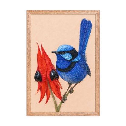 Framed Splendid Fairywren blue wren colored pencil illustration, terracotta background, wood frame wall art