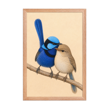 Framed male and female Splendid Fairywren blue wren pair colored pencil illustration, wood frame wall art