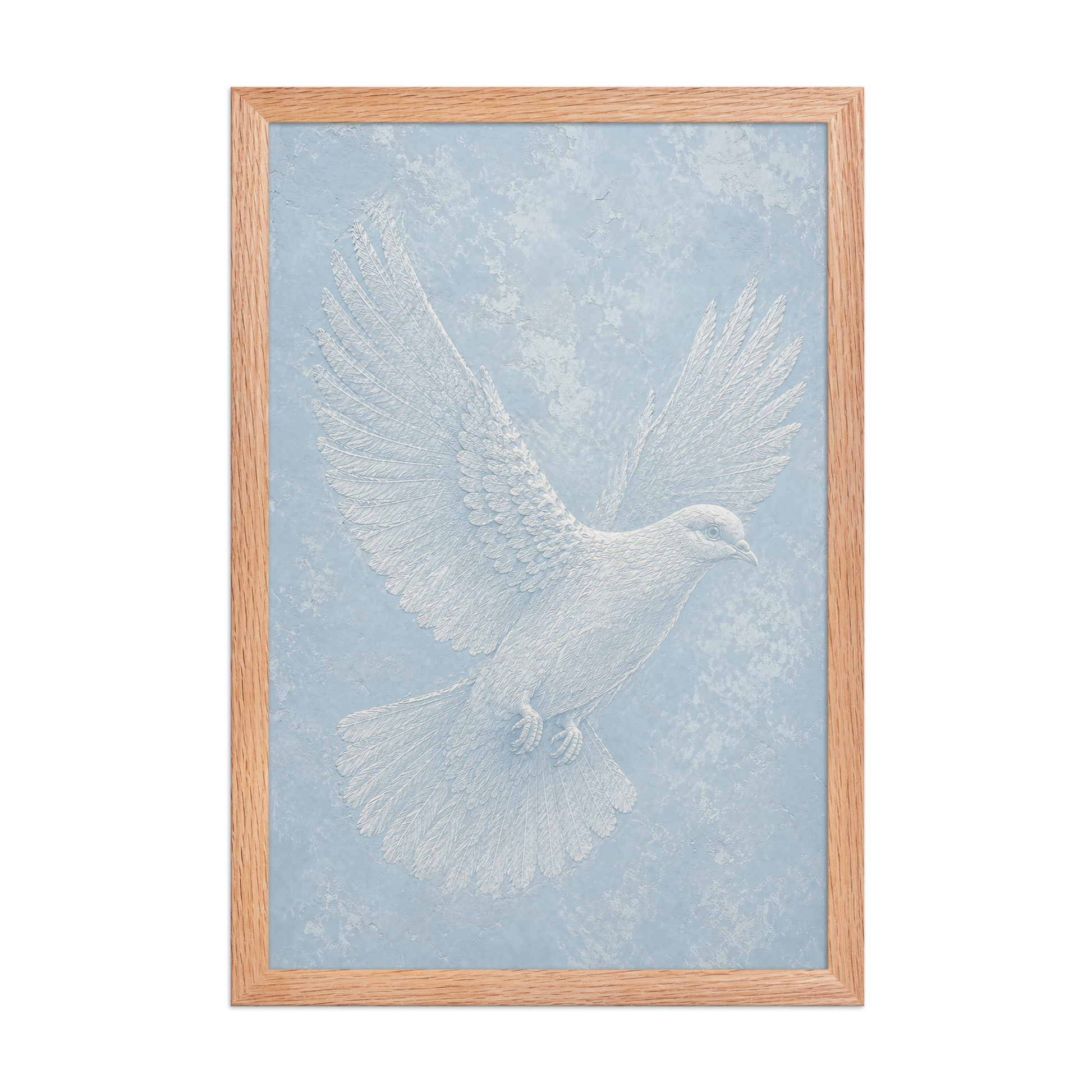 Framed peace dove print with embossed relief-look design on dusty blue textured background