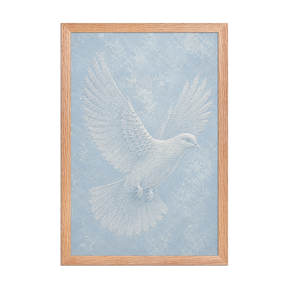 Framed peace dove print with embossed relief-look design on dusty blue textured background