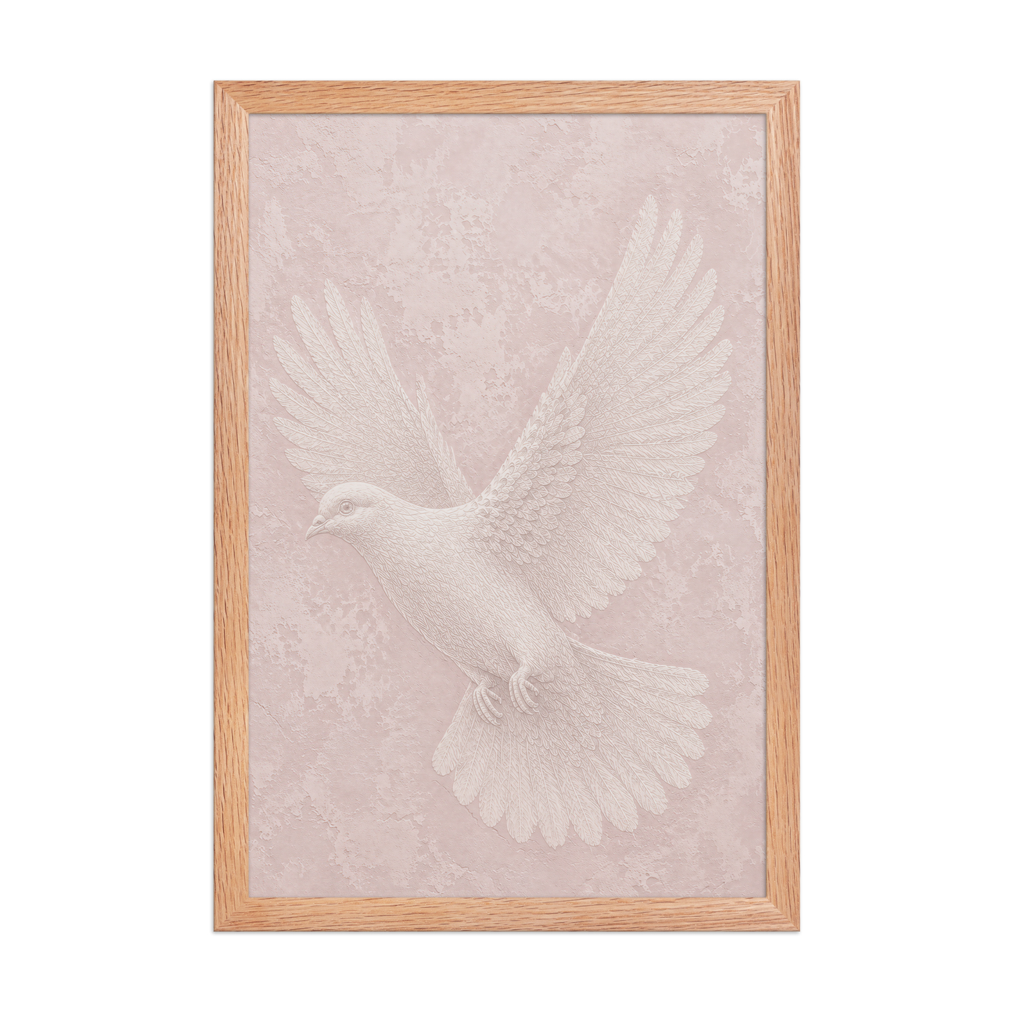 Framed peace dove print with embossed relief-look design on blush pink textured background
