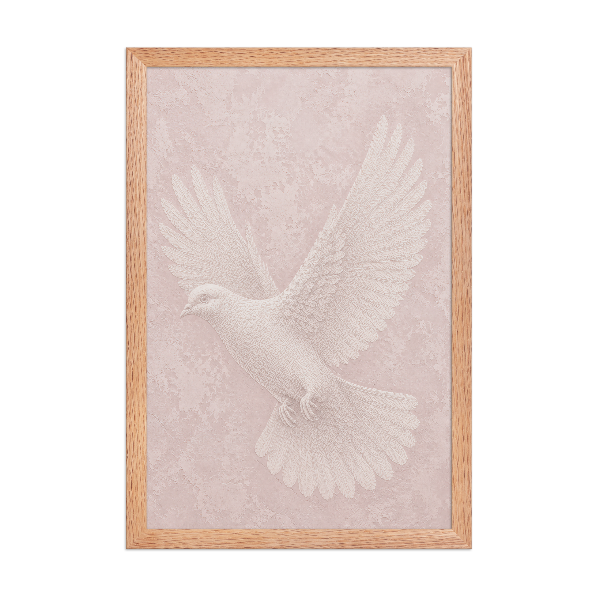 Framed peace dove print with embossed relief-look design on blush pink textured background
