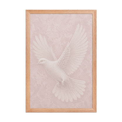 Framed peace dove print with embossed relief-look design on blush pink textured background