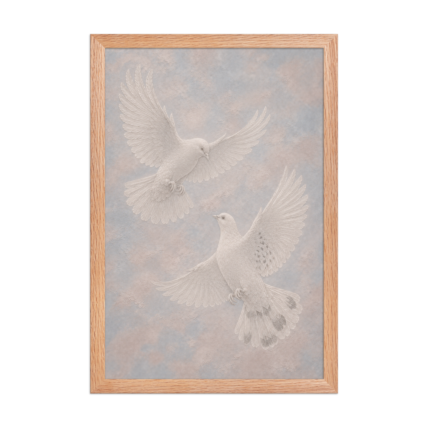 Framed two peace doves print with embossed relief-look design on dusty blue and blush textured background