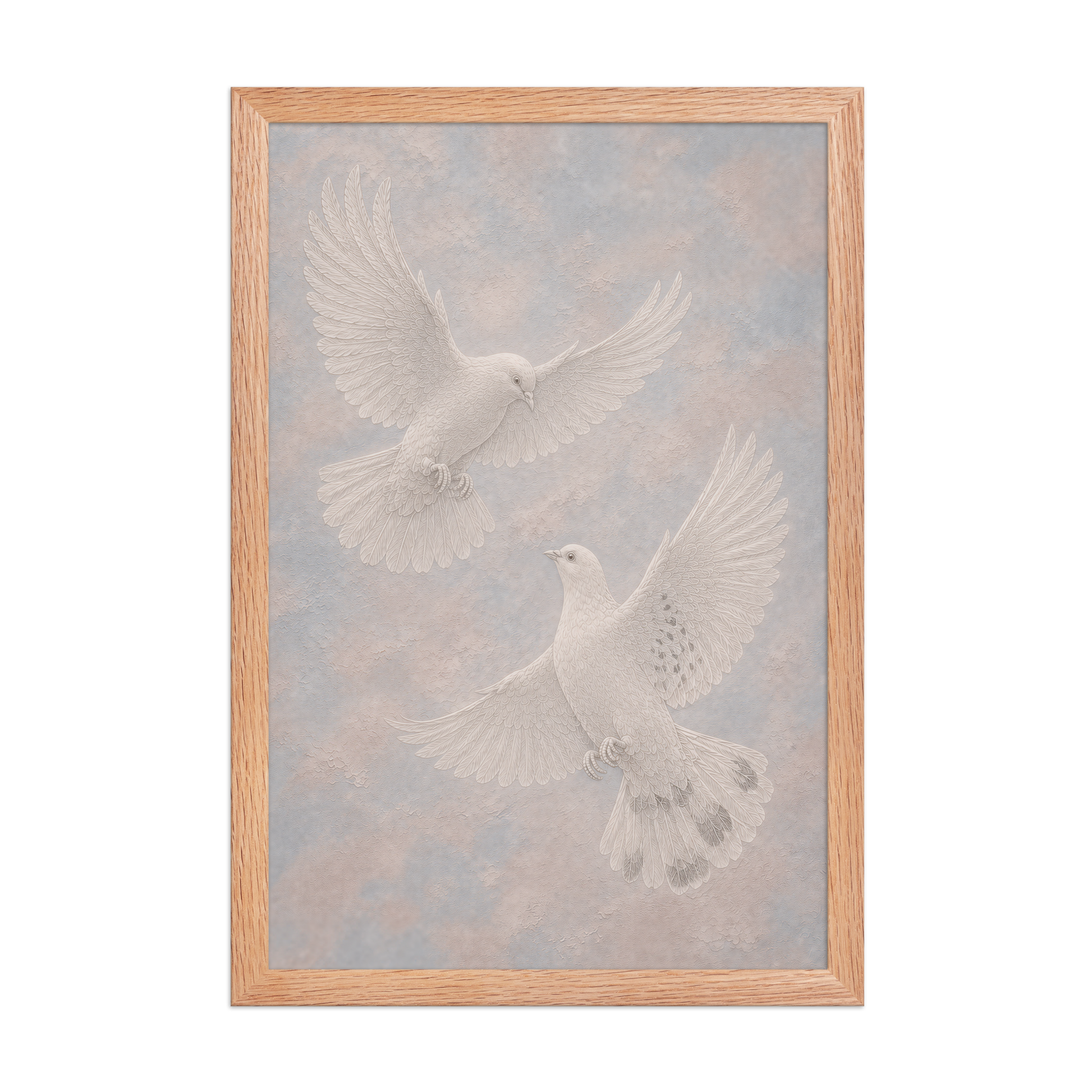Framed two peace doves print with embossed relief-look design on dusty blue and blush textured background
