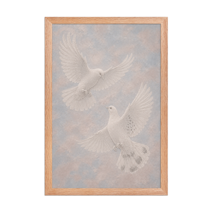 Framed two peace doves print with embossed relief-look design on dusty blue and blush textured background