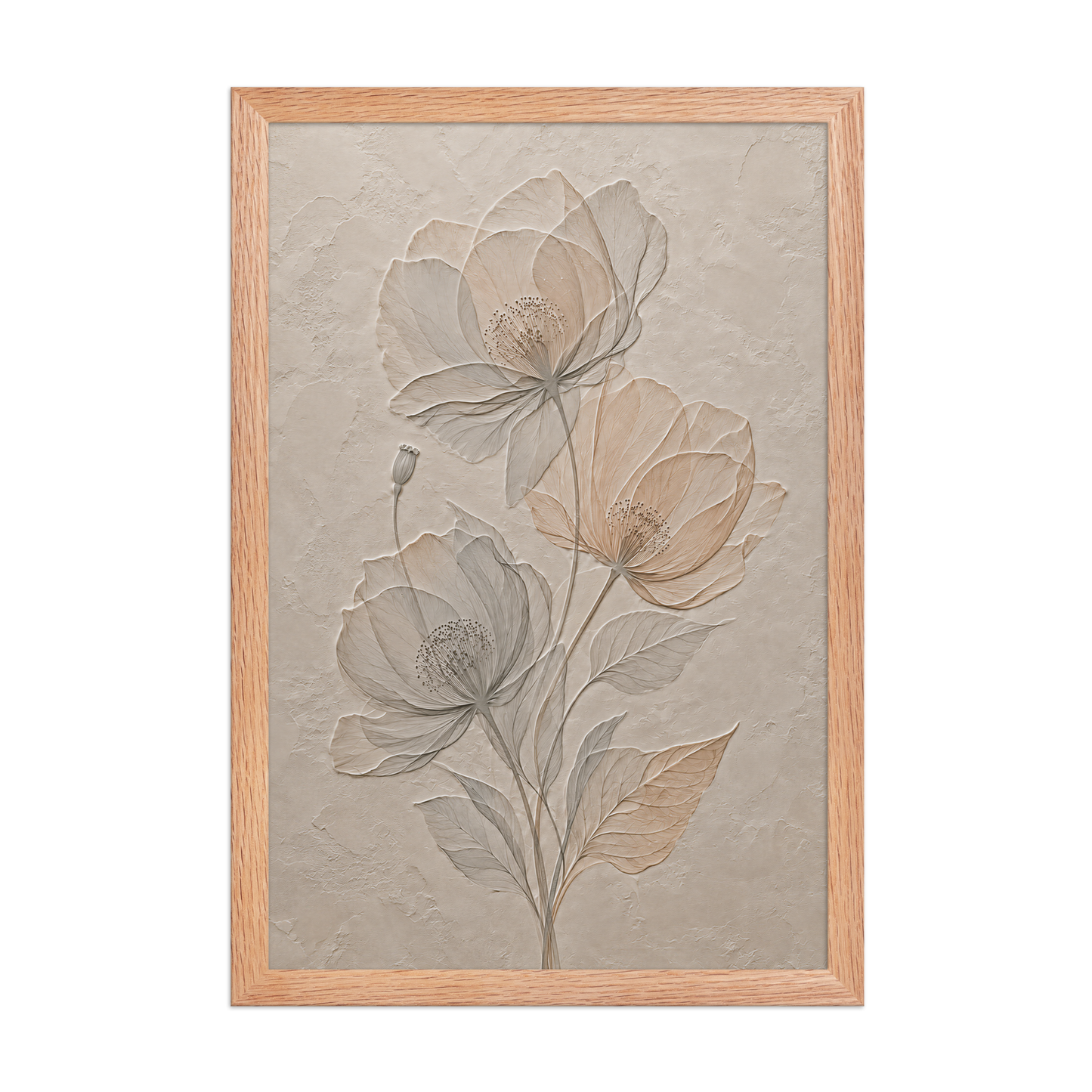 Framed wildflower bouquet print with embossed relief-look design on neutral beige textured background