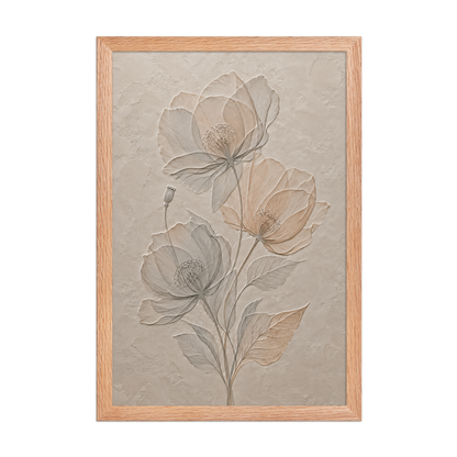 Framed wildflower bouquet print with embossed relief-look design on neutral beige textured background