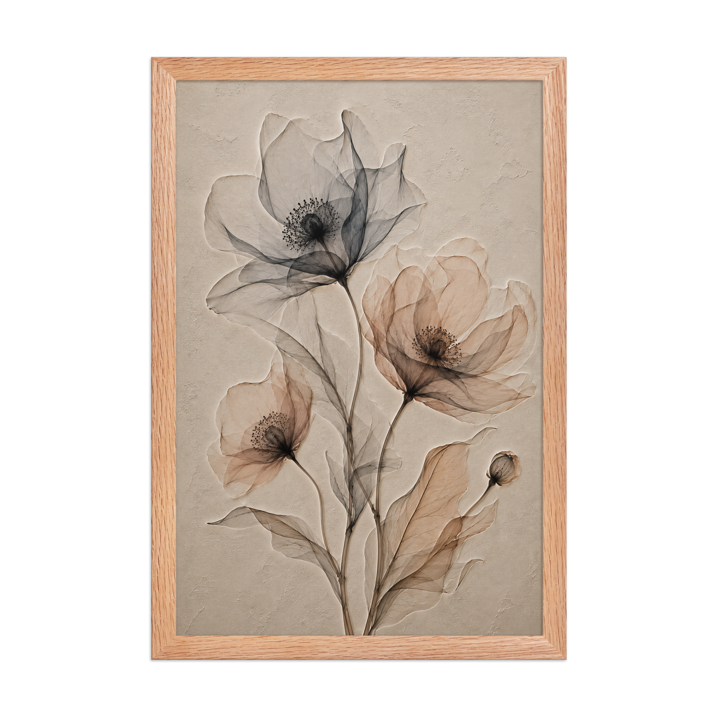 Framed wildflower trio print with embossed relief-look design in charcoal and clay tones on beige textured background