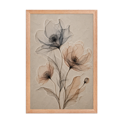 Framed wildflower trio print with embossed relief-look design in charcoal and clay tones on beige textured background