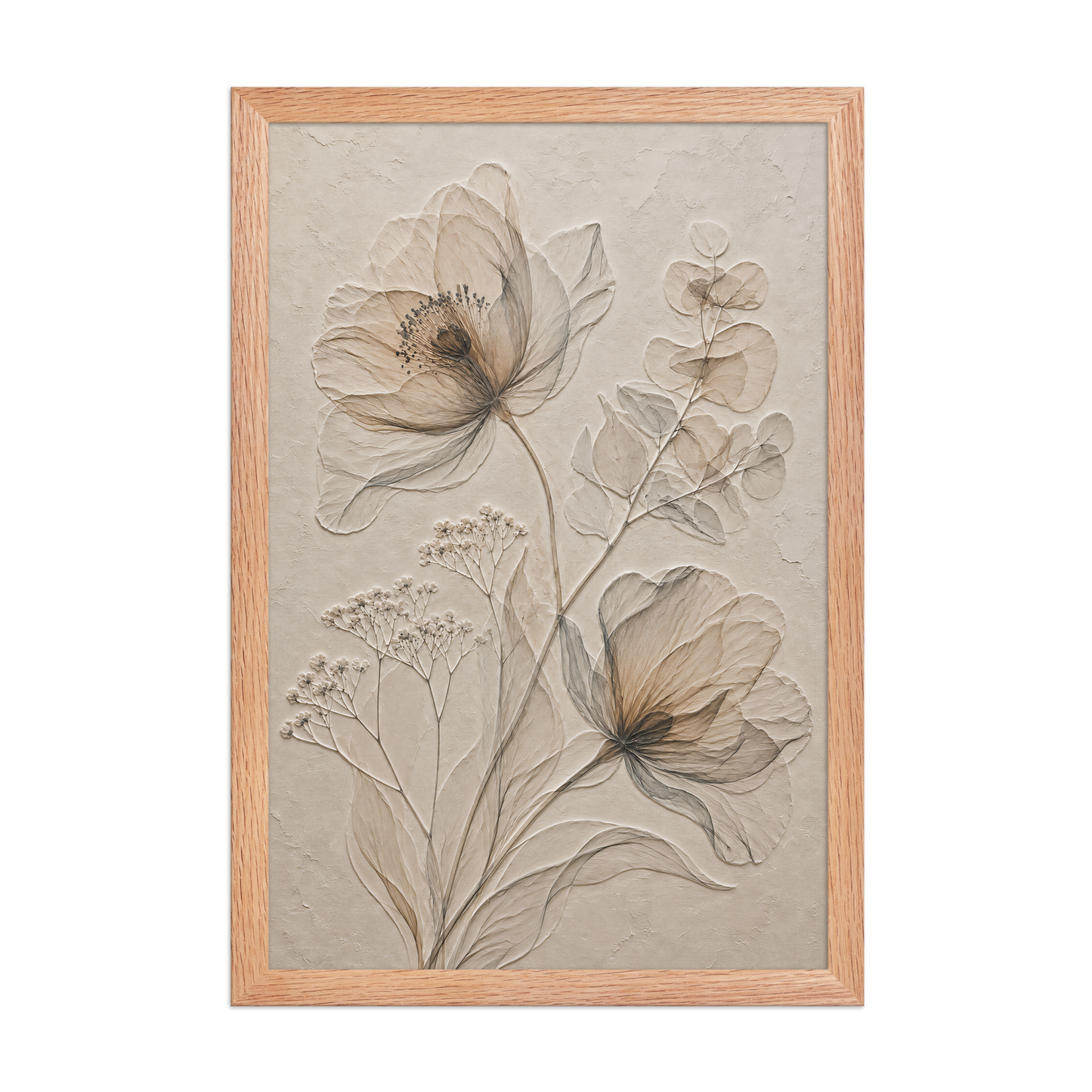 Framed botanical study print with embossed relief-look design in warm sepia tones on beige textured background
