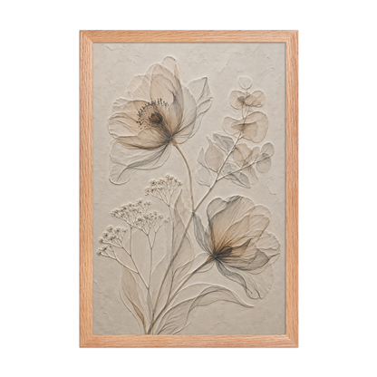 Framed botanical study print with embossed relief-look design in warm sepia tones on beige textured background