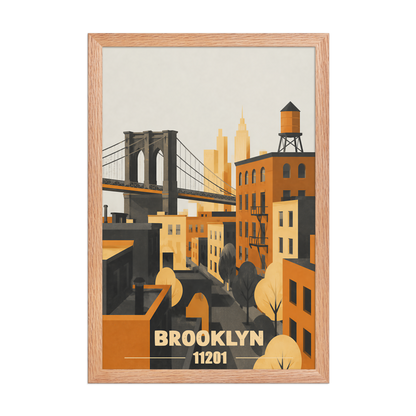 Framed Brooklyn fire escape retro travel poster, 11201 zip code wall art