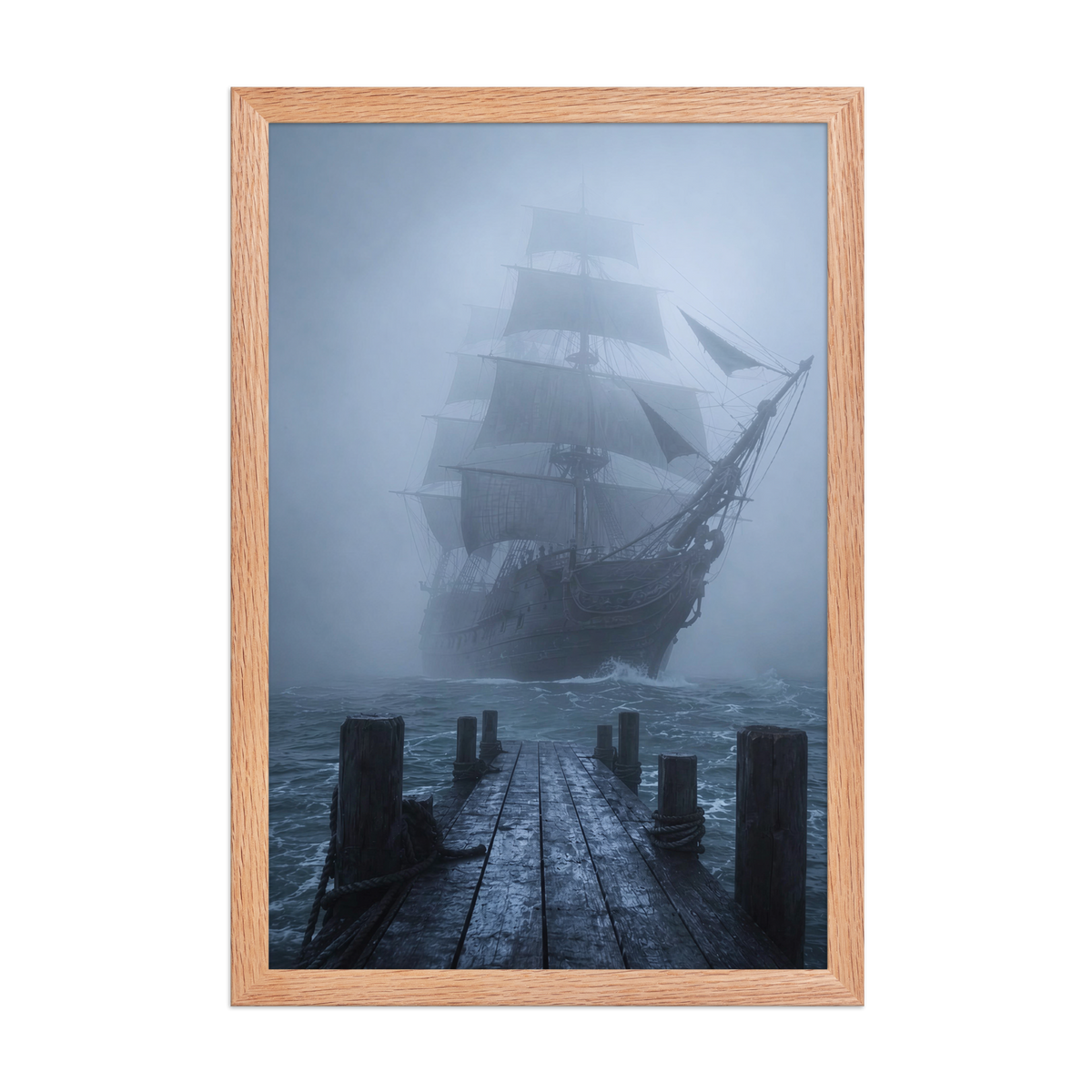 Ghost ship emerging from fog at dawn, dark moody framed wall art print ready to hang, JMTR Jeometry Store