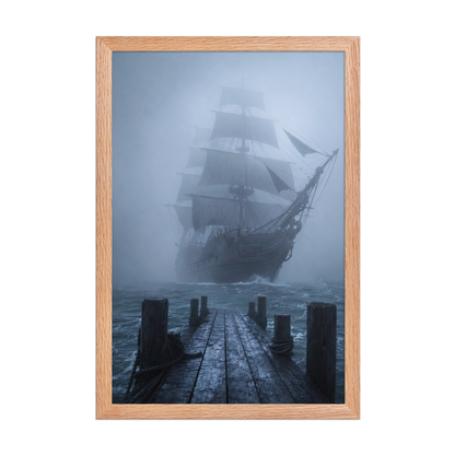 Ghost ship emerging from fog at dawn, dark moody framed wall art print ready to hang, JMTR Jeometry Store