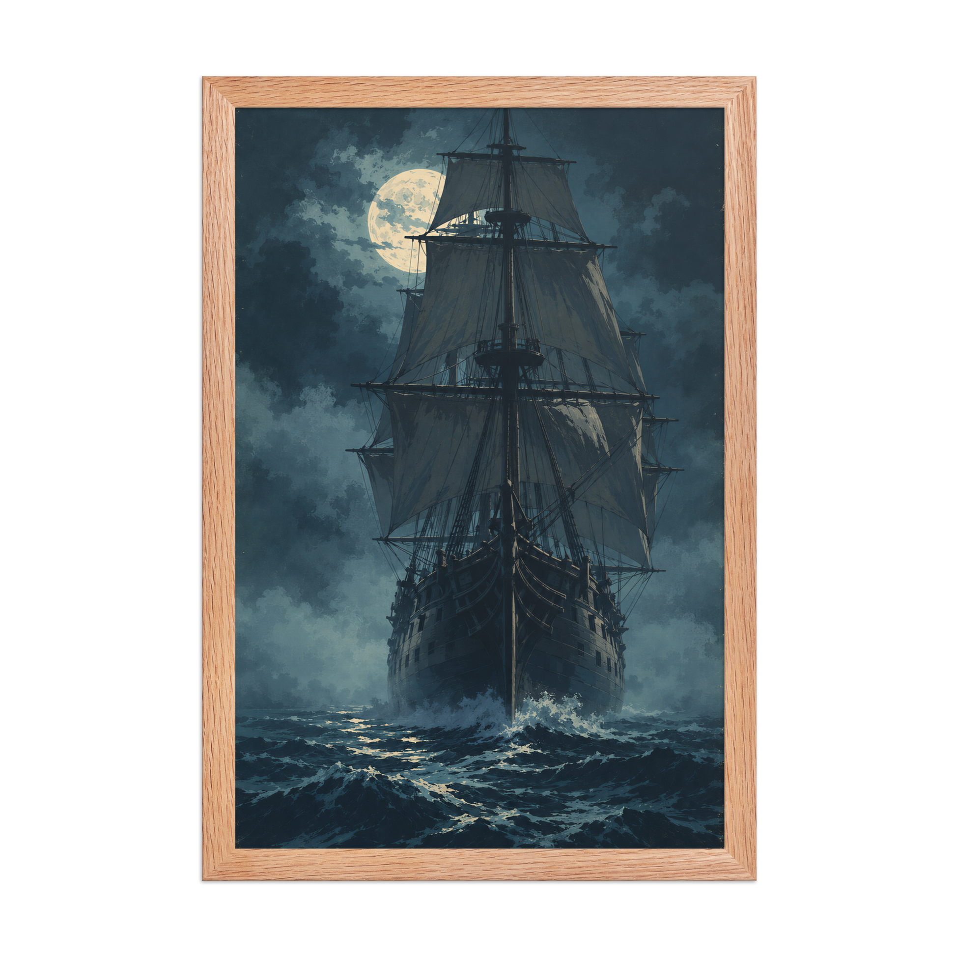 Tall ship sailing under full moon at night, vintage atmospheric nautical framed wall art print ready to hang, JMTR Jeometry Store