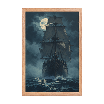Tall ship sailing under full moon at night, vintage atmospheric nautical framed wall art print ready to hang, JMTR Jeometry Store