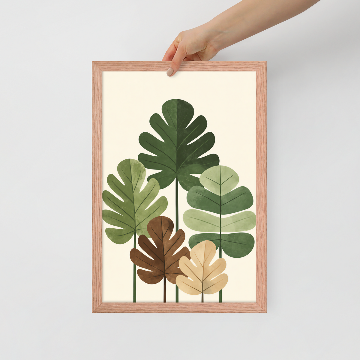 Illustrated fig leaves in shades of green, brown and gold with textured paper-like finish, framed wall art print ready to hang, JMTR Jeometry Store