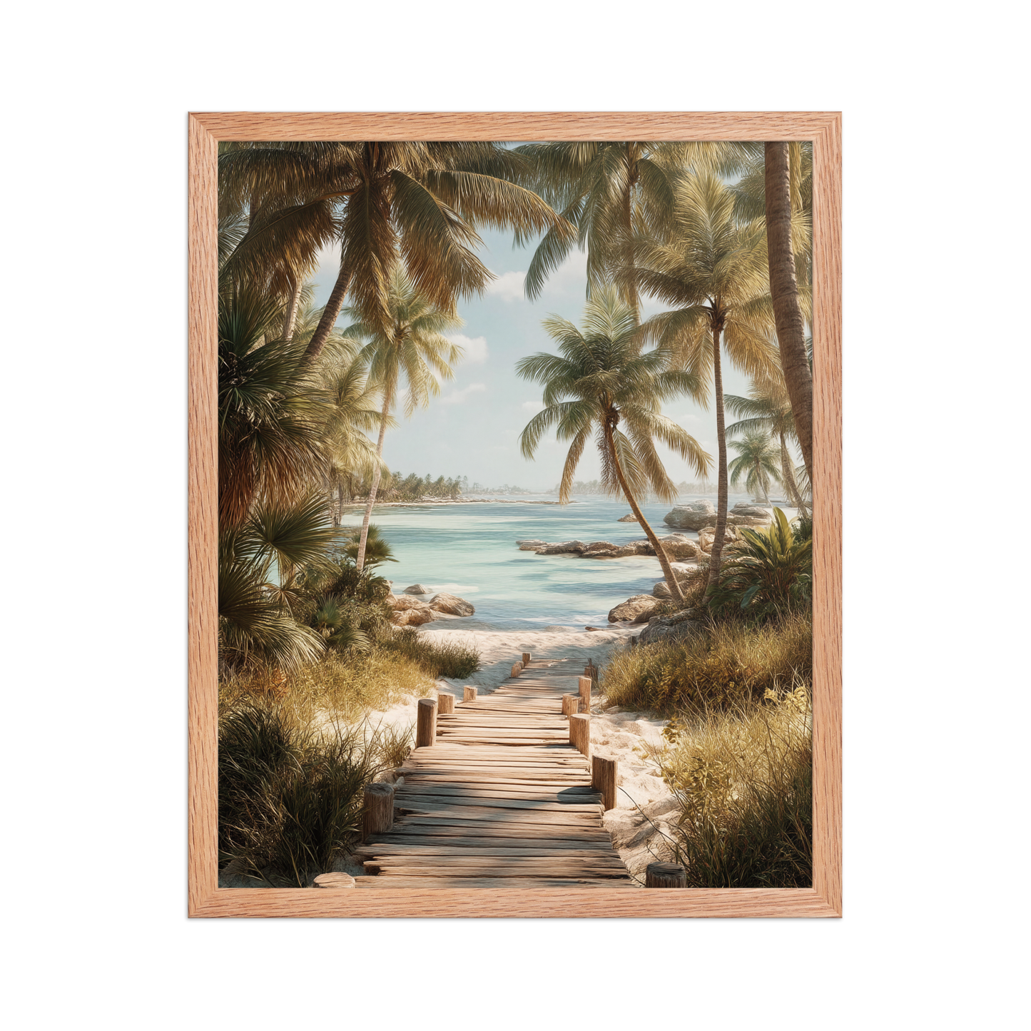 Wooden boardwalk path through tropical palm trees 
leading to calm turquoise beach, framed wall art print, 
black frame, JMTR Jeometry Store