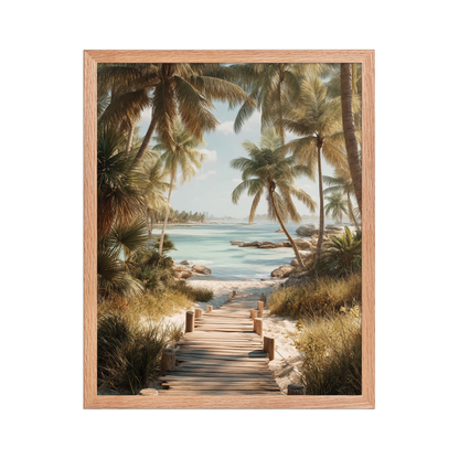 Wooden boardwalk path through tropical palm trees 
leading to calm turquoise beach, framed wall art print, 
black frame, JMTR Jeometry Store