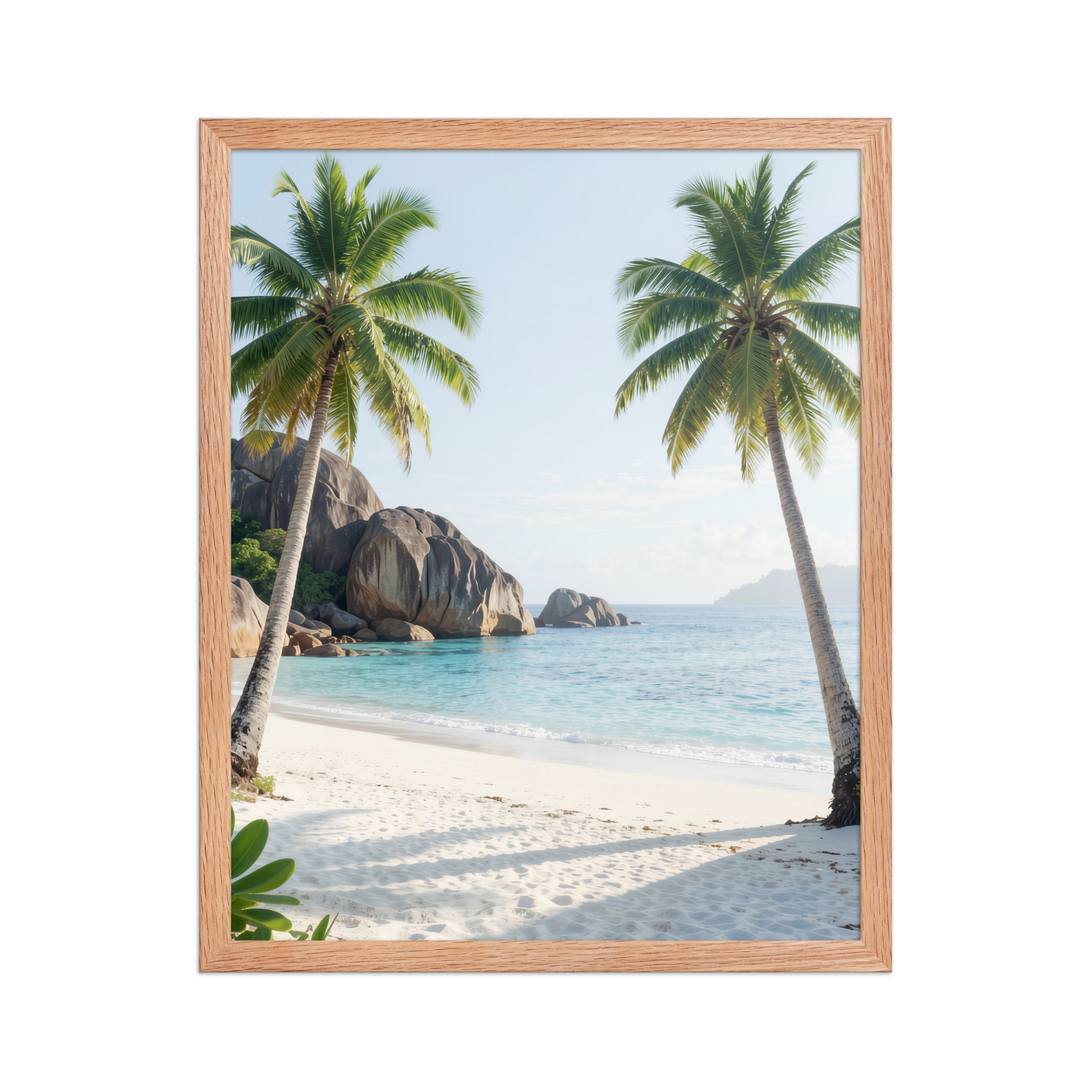 Framed tropical beach print with turquoise ocean, white sand and palm trees, ready to hang coastal wall art, JMTR Jeometry Store