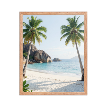 Framed tropical beach print with turquoise ocean, white sand and palm trees, ready to hang coastal wall art, JMTR Jeometry Store
