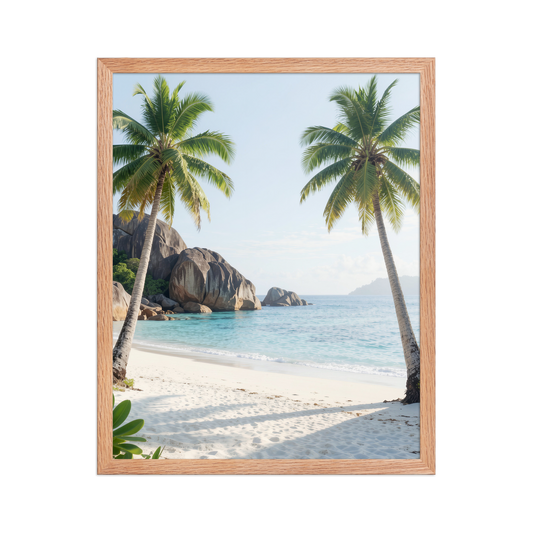 Framed tropical beach print with turquoise ocean, white sand and palm trees, ready to hang coastal wall art, JMTR Jeometry Store
