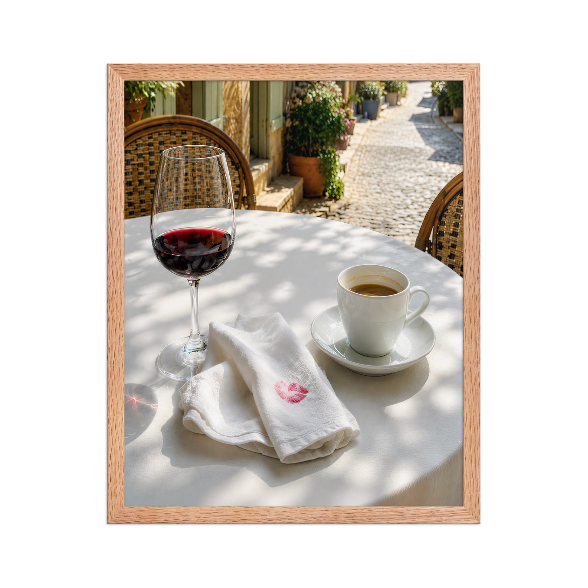 Framed sunlit café terrace print with red wine and espresso, ready to hang wall art, JMTR Jeometry Store