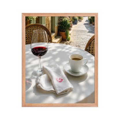 Framed sunlit café terrace print with red wine and espresso, ready to hang wall art, JMTR Jeometry Store
