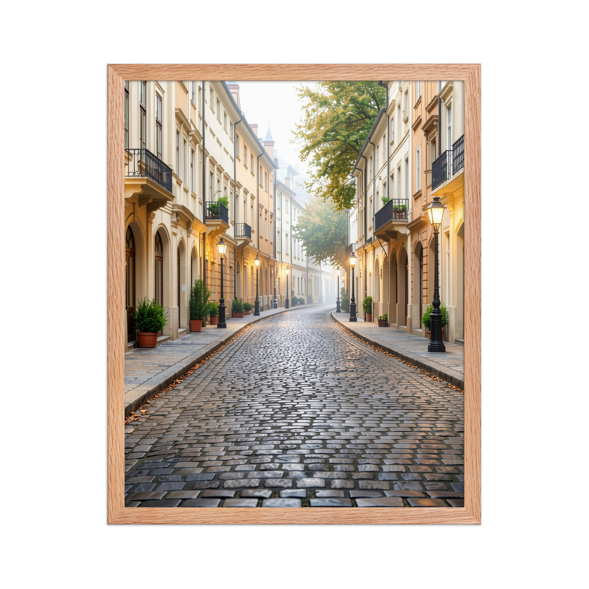 Framed European cobblestone street wall art, calm aesthetic old town morning fog poster, black frame, JMTR Jeometry Store