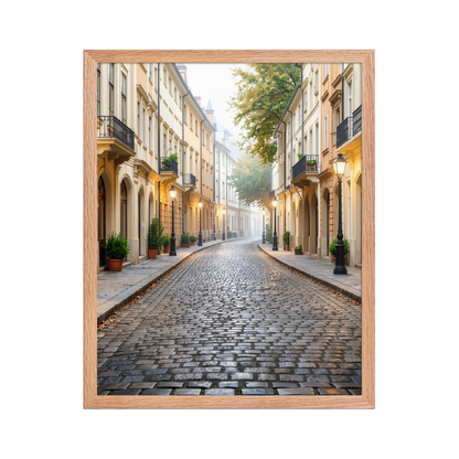 Framed European cobblestone street wall art, calm aesthetic old town morning fog poster, black frame, JMTR Jeometry Store