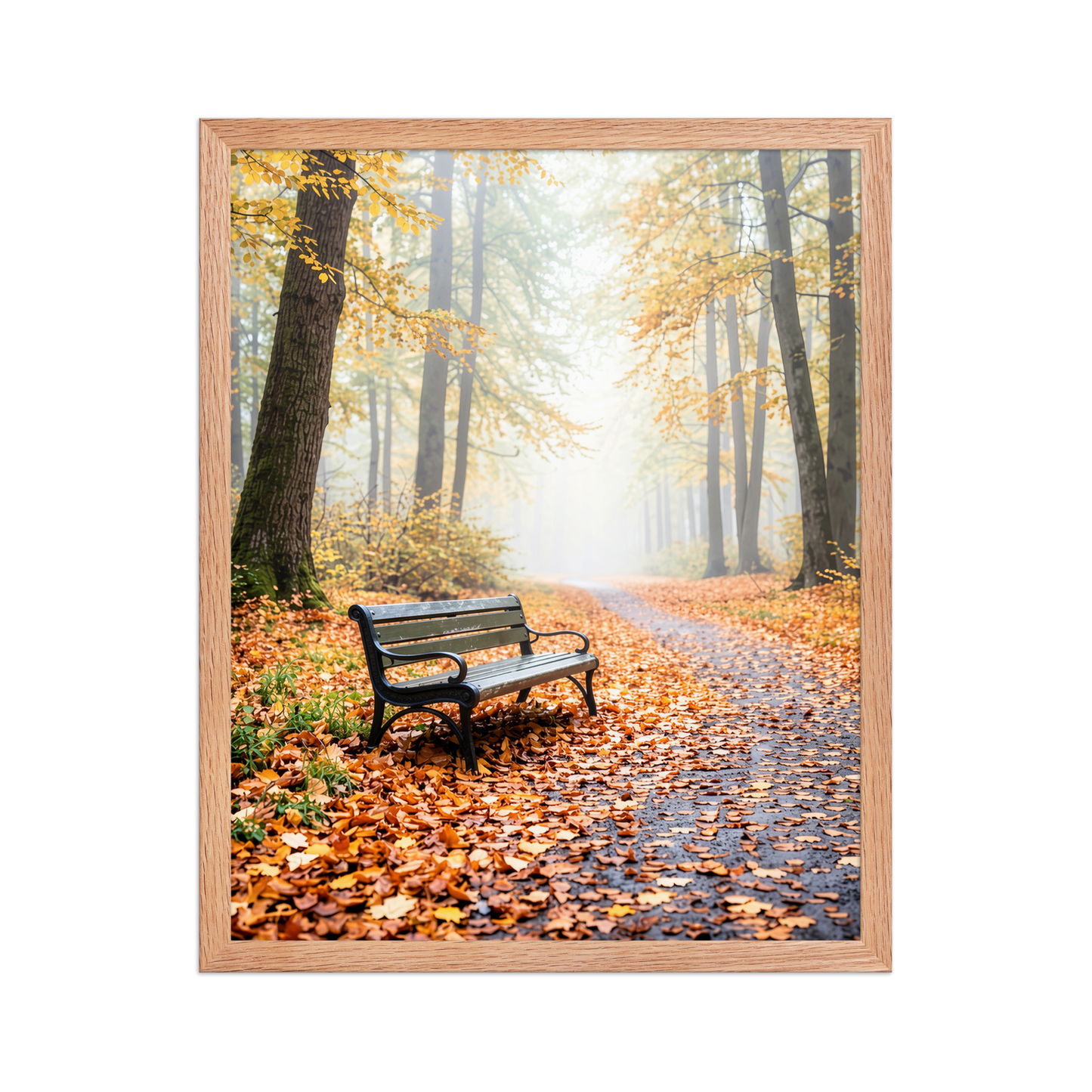 Framed autumn park bench wall art, foggy forest path fall leaves calm aesthetic poster, black frame, JMTR Jeometry Store