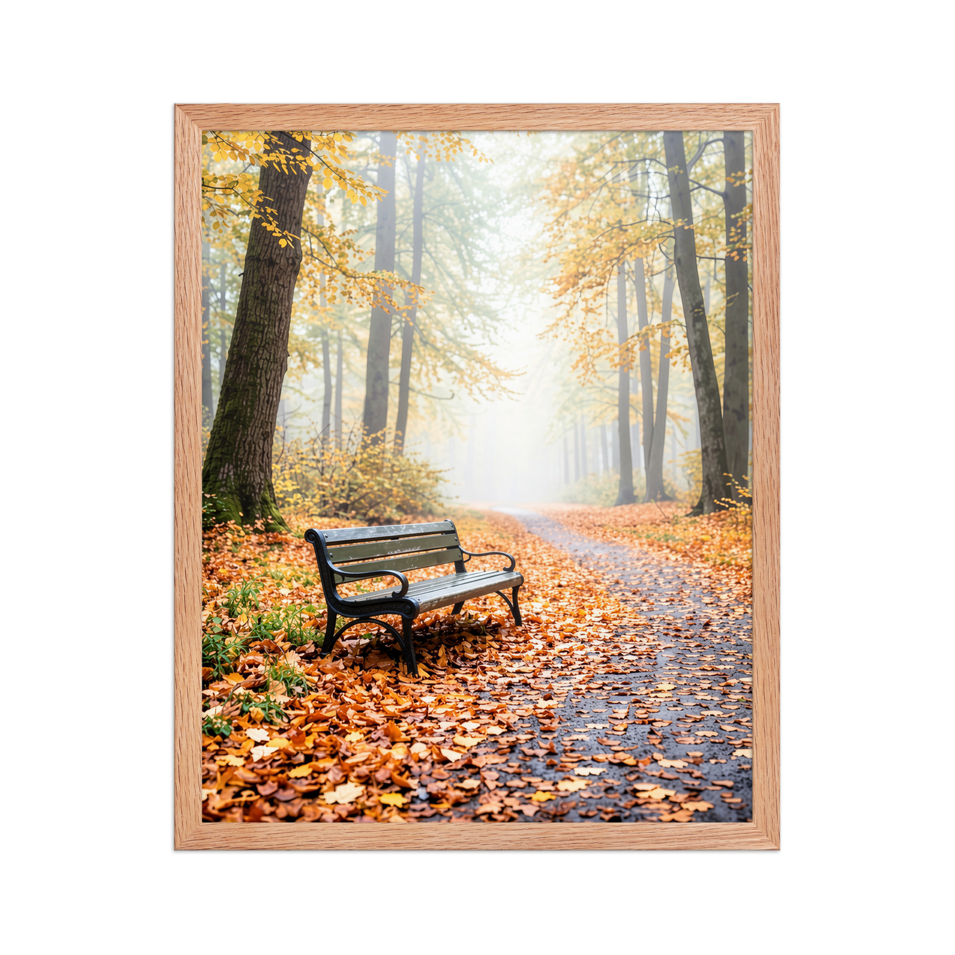 Framed autumn park bench wall art, foggy forest path fall leaves calm aesthetic poster, black frame, JMTR Jeometry Store