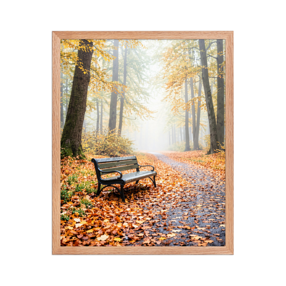 Framed autumn park bench wall art, foggy forest path fall leaves calm aesthetic poster, black frame, JMTR Jeometry Store