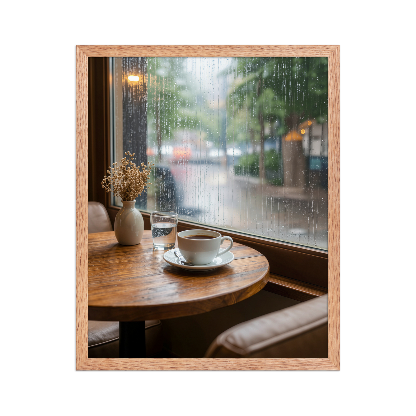 Framed rainy day cafe wall art, coffee cup by rain window calm aesthetic poster, black frame, JMTR Jeometry Store
