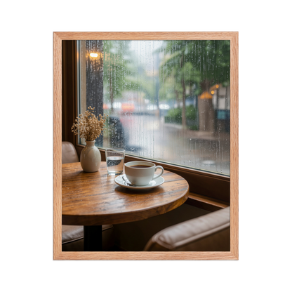Framed rainy day cafe wall art, coffee cup by rain window calm aesthetic poster, black frame, JMTR Jeometry Store