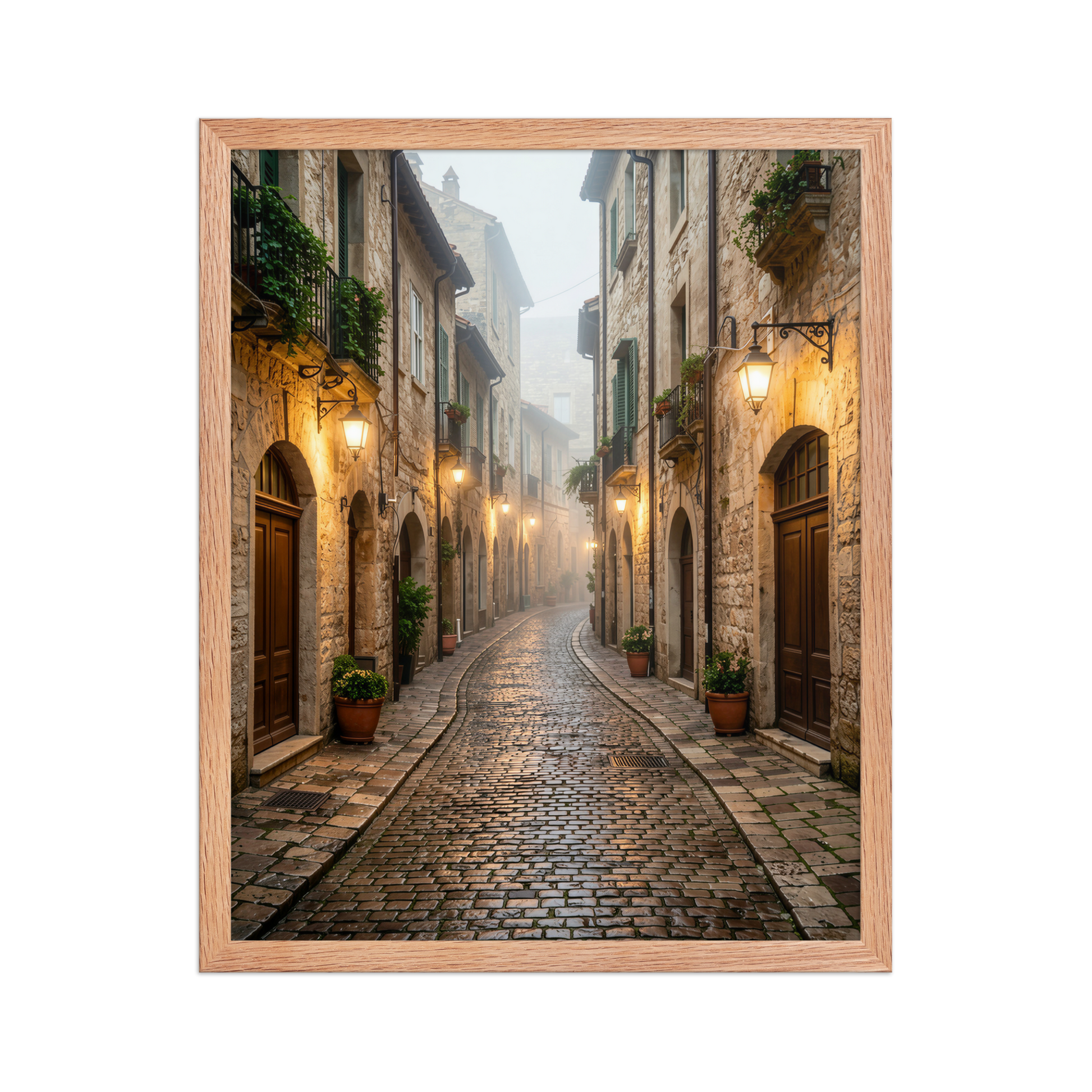 Framed Italian village cobblestone street wall art, warm lanterns foggy alley calm aesthetic poster, black frame, JMTR Jeometry Store