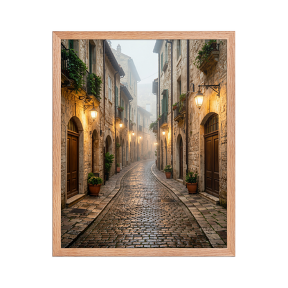 Framed Italian village cobblestone street wall art, warm lanterns foggy alley calm aesthetic poster, black frame, JMTR Jeometry Store