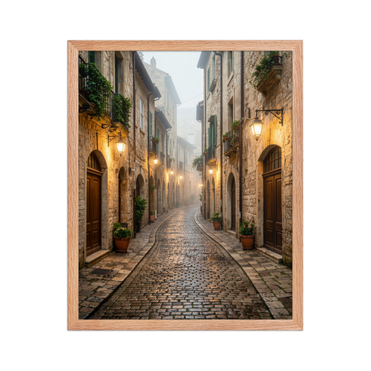 Framed Italian village cobblestone street wall art, warm lanterns foggy alley calm aesthetic poster, black frame, JMTR Jeometry Store