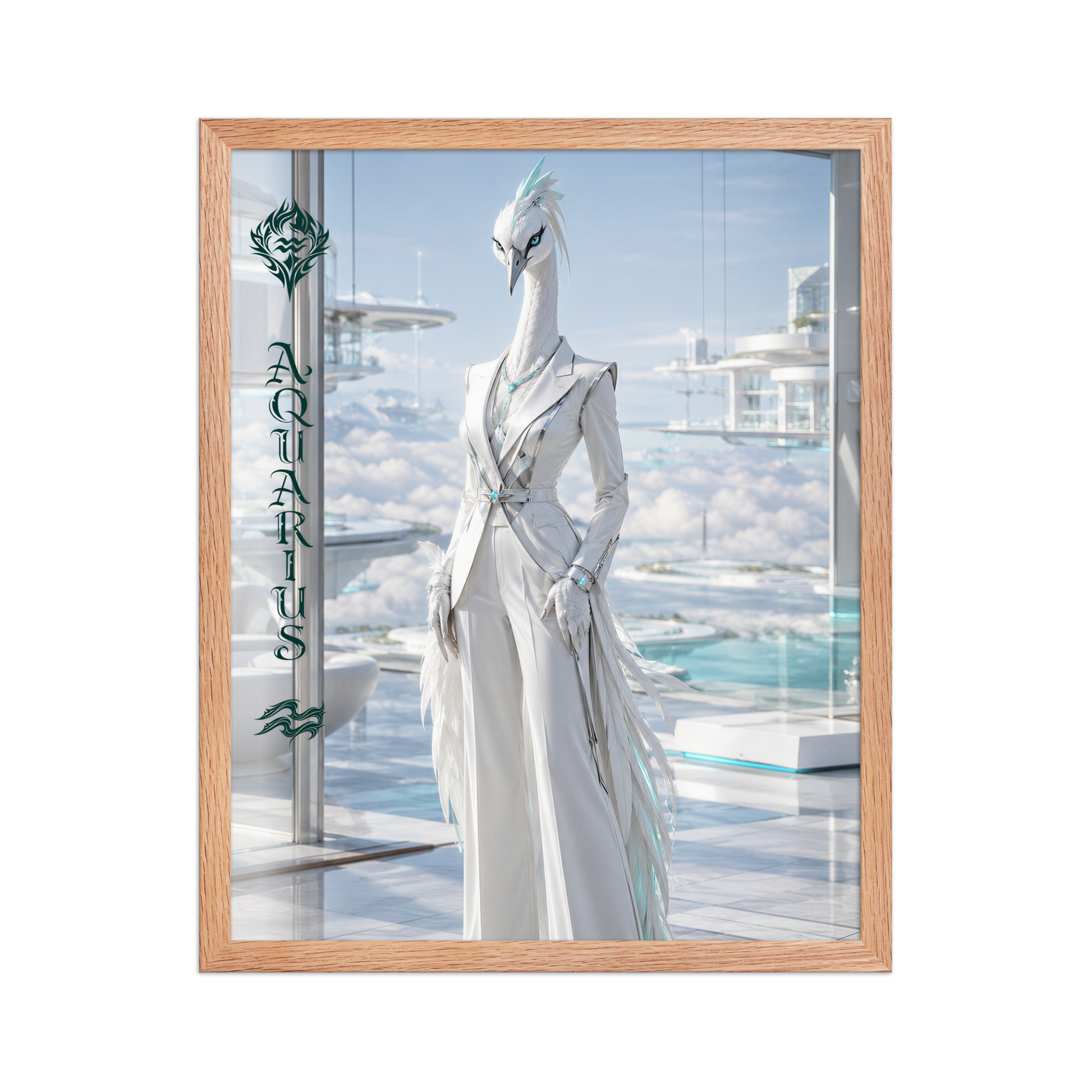 Framed Aquarius woman zodiac poster featuring a white crane standing above the clouds in a futuristic celestial city