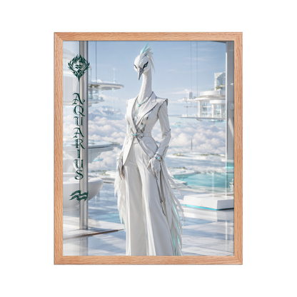 Framed Aquarius woman zodiac poster featuring a white crane standing above the clouds in a futuristic celestial city