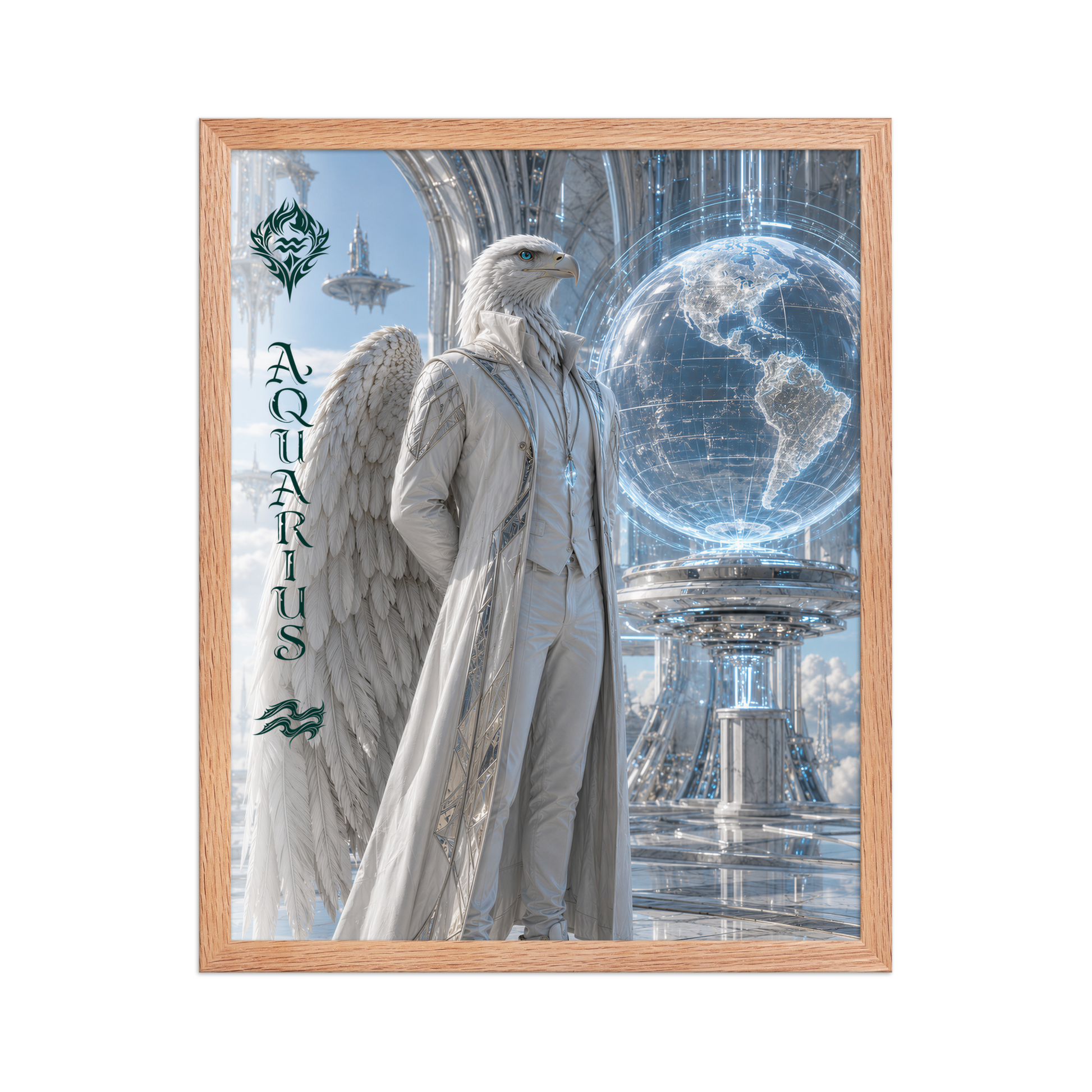 Framed Aquarius man zodiac poster featuring a white eagle standing before a glowing world in a futuristic celestial city