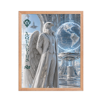 Framed Aquarius man zodiac poster featuring a white eagle standing before a glowing world in a futuristic celestial city