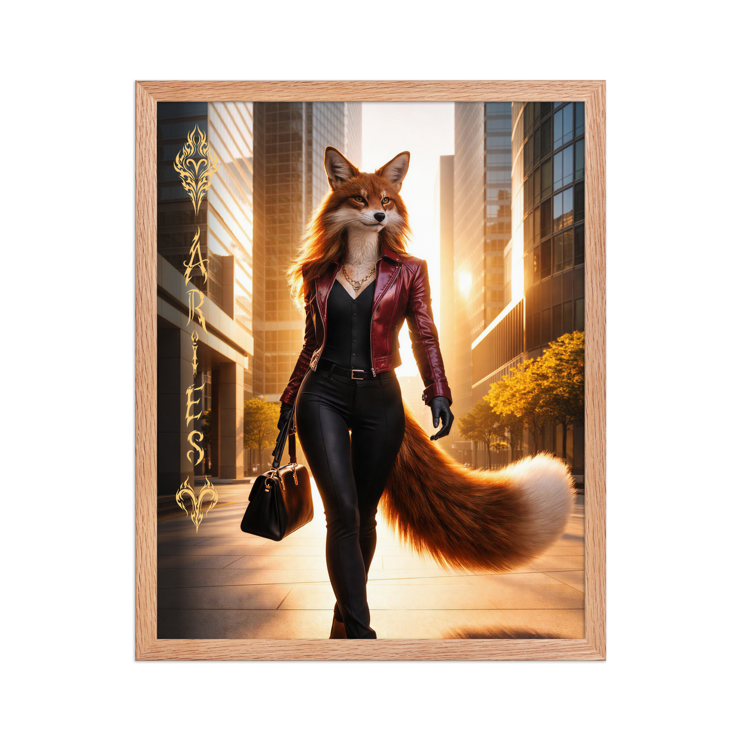 Framed Aries fox woman zodiac poster walking through a modern city at sunset